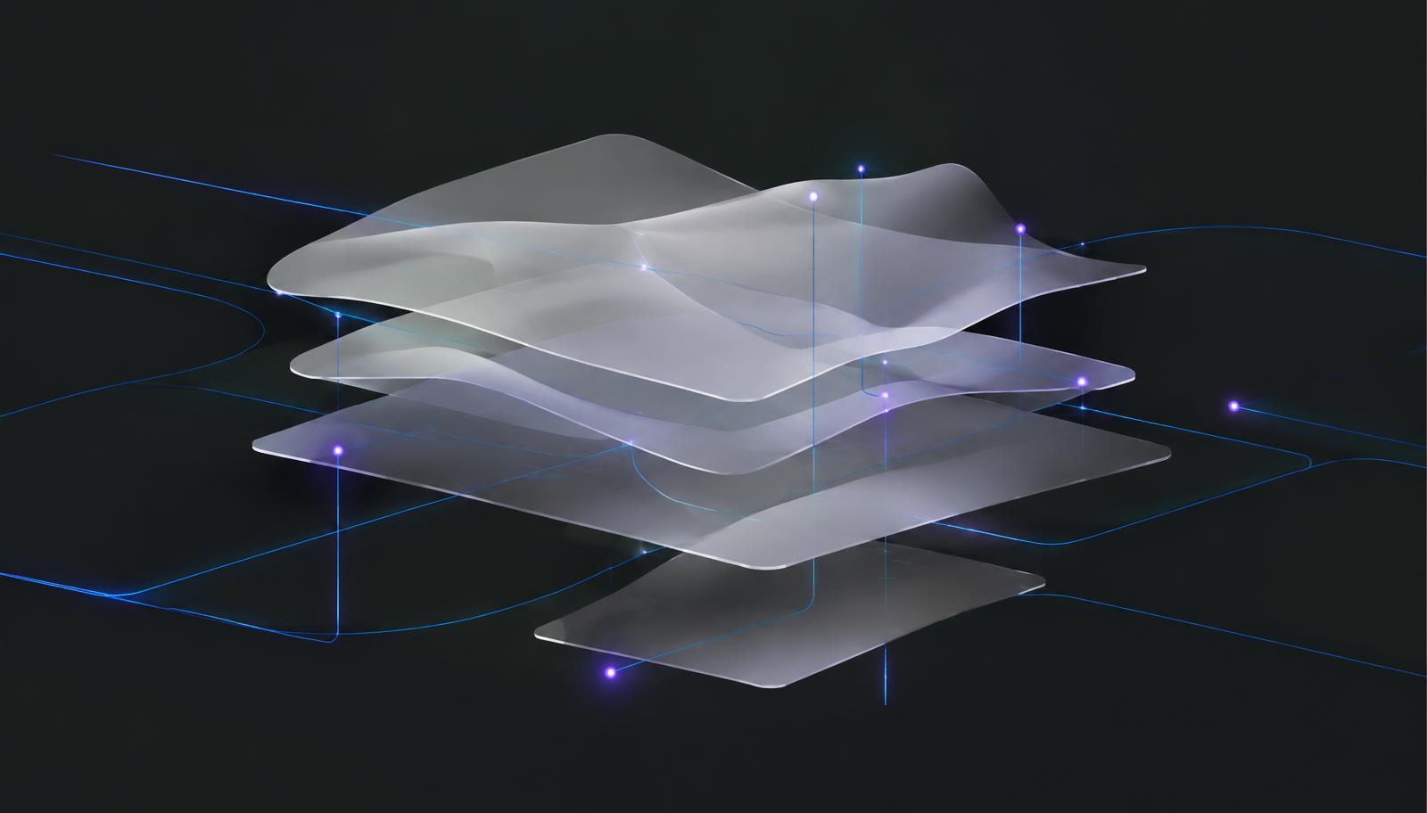 Layered translucent planes connected by blue data lines
