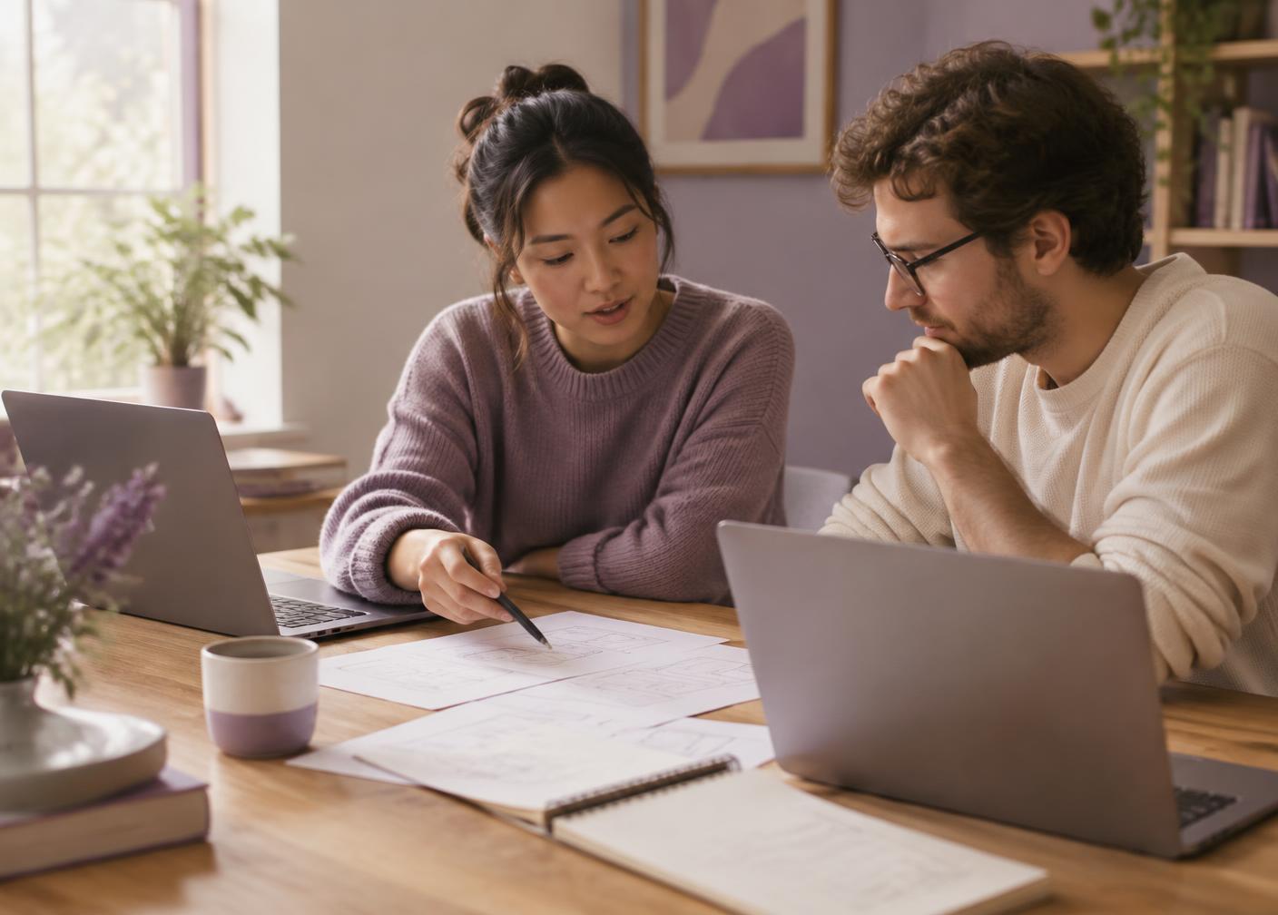 Two colleagues discussing interface sketches with laptops open