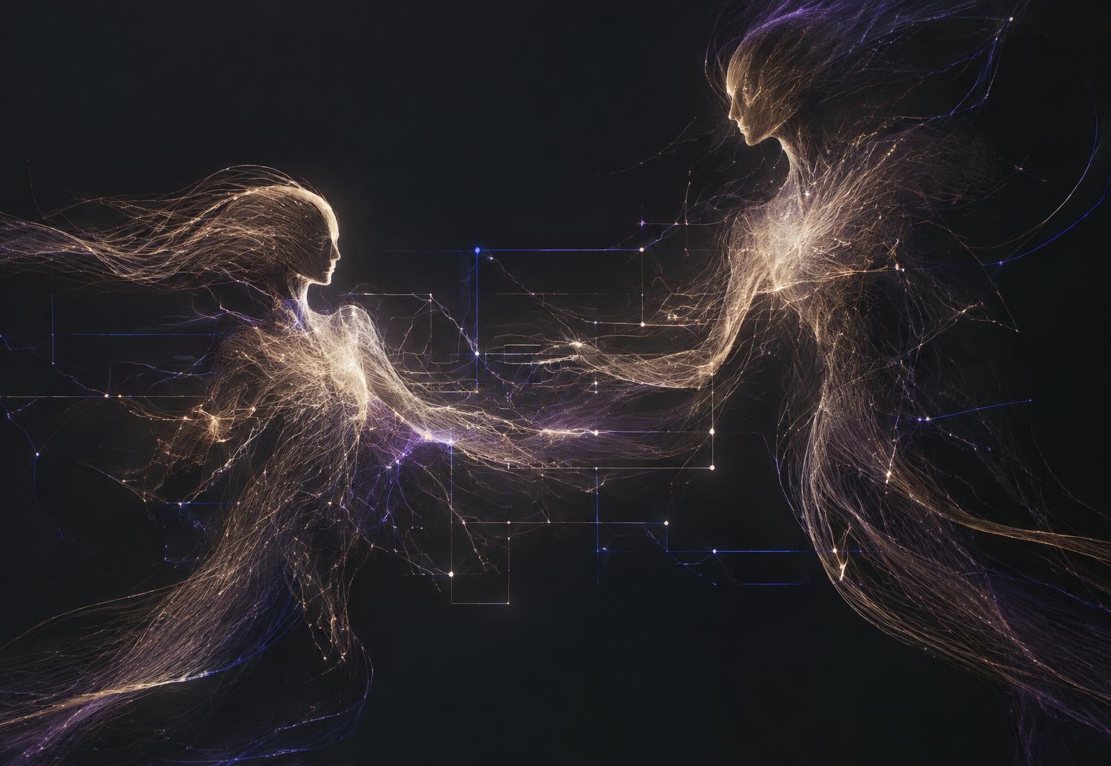 Abstract figures of light threads reaching toward each other