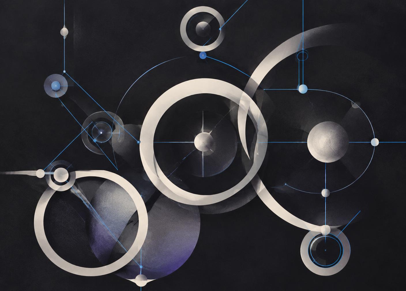 Abstract ivory rings and nodes linked by fine blue lines on a dark background