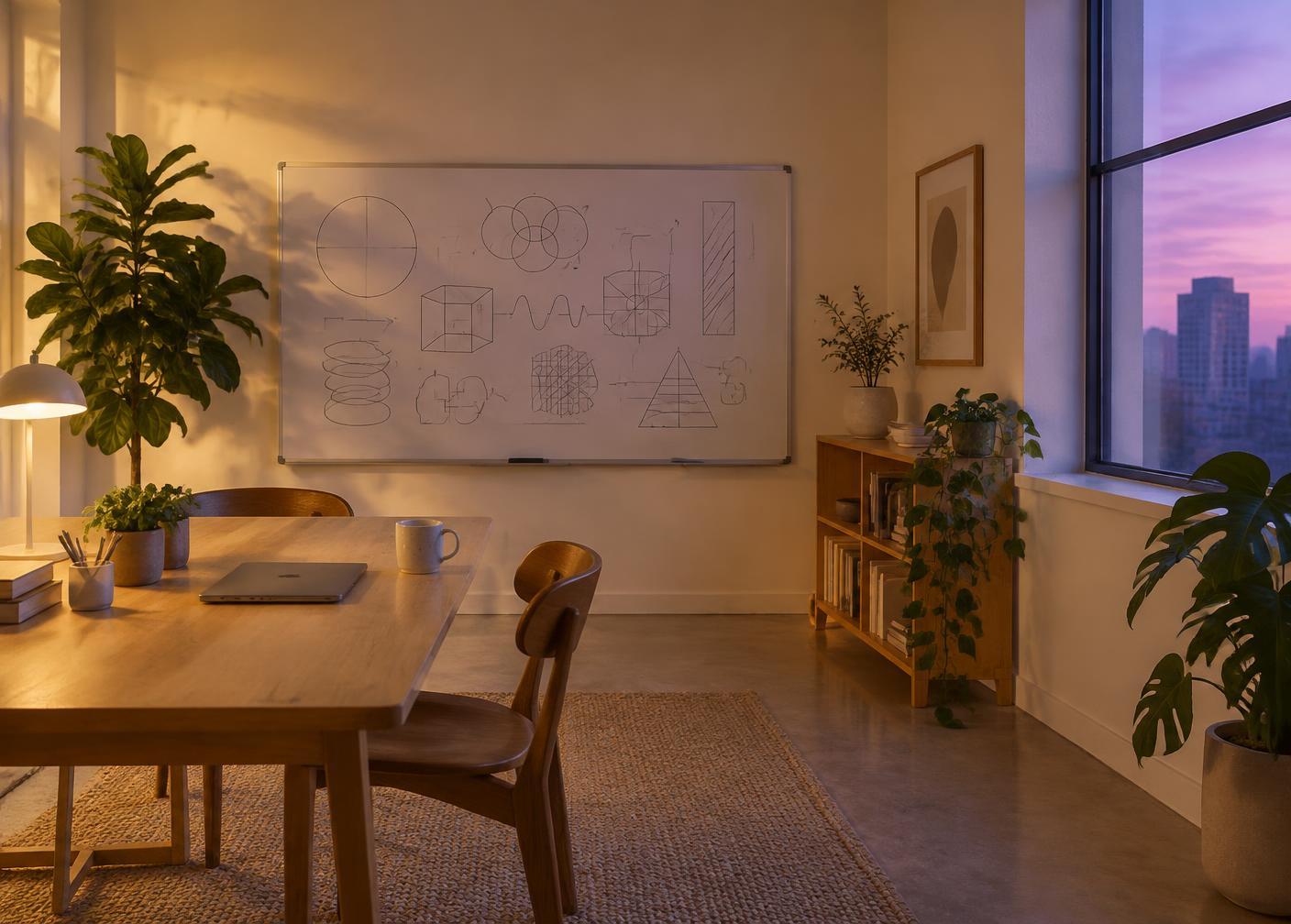 A quiet studio workspace with a whiteboard of abstract system diagrams at dusk